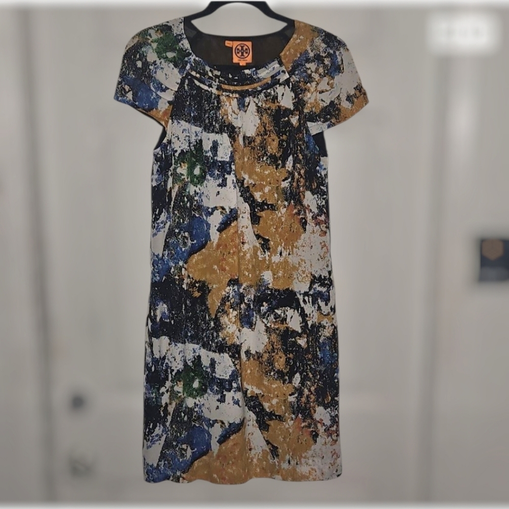 Tory Burch Abstract Paint-Print Shift Dress in White, Blue, Green, Gold, Black